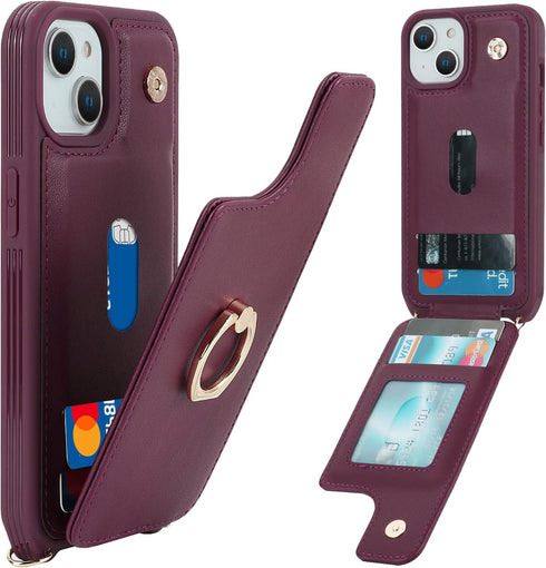 for iPhone 15 Case with Card Holder and Strap for Women,Crossbody Lanyard,Stand Ring Kickstand,Snap Clasp,Phone Wallet Cases 6.1 inch(Wine Red)
