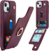 for iPhone 15 Case with Card Holder and Strap for Women,Crossbody Lanyard,Stand Ring Kickstand,Snap Clasp,Phone Wallet Cases 6.1 inch(Wine Red)