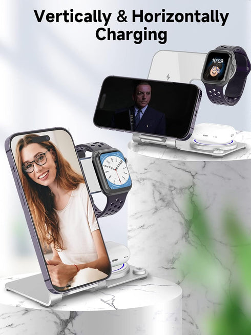 3 in 1 Wireless Charger, Aluminum Alloy Fast Charging Stand for iPhone 15/14/13/12/11, iWatch, AirPods Pro, Silver
