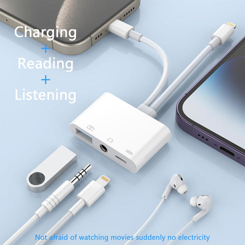 Multi Lightning + USB C to USB Adapter, 3 in 1 USB OTG Adapter + 3.5mm Audio Headphone Jack + Fast Charging Port for