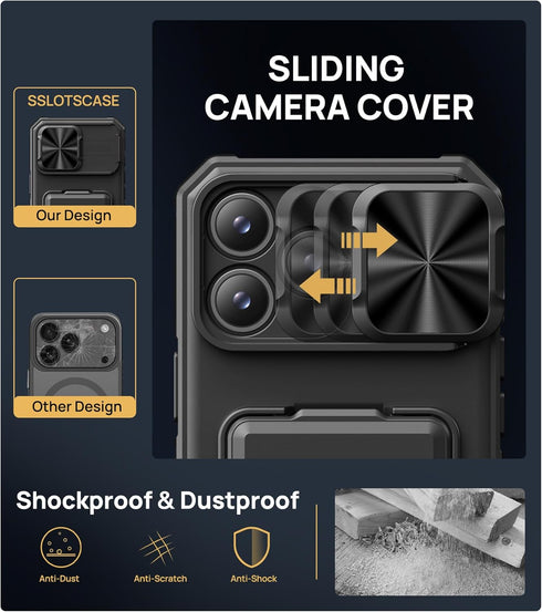 SSLOTSCASE 17 2X 17 6.9'', for iPhone Pro Max Case with Privacy Screen Protector, Card Holder & Sliding Lens Cover