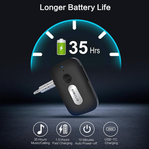 SIMOLIO Bluetooth Receiver for Car, 35H Battery Life, Noise Cancelling 3.5mm AUX Adapter