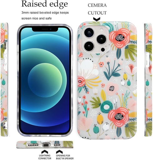 J.west Frosted Clear Case for iPhone 13 Pro Max 6.7", Cute Soft Slim Silicone Cover with Flower Design