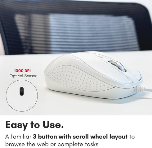 Macally USB Wired Mouse - 3 Button, Scroll Wheel, 5 Foot Long Cord, Compatible with Apple and Windows