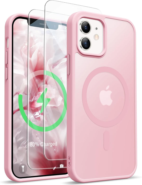 ORETECH Magnetic iPhone 12 Case, Light Pink Frosted Translucent, 15 FT Drop Protection, 2 Pcs Screen Protectors