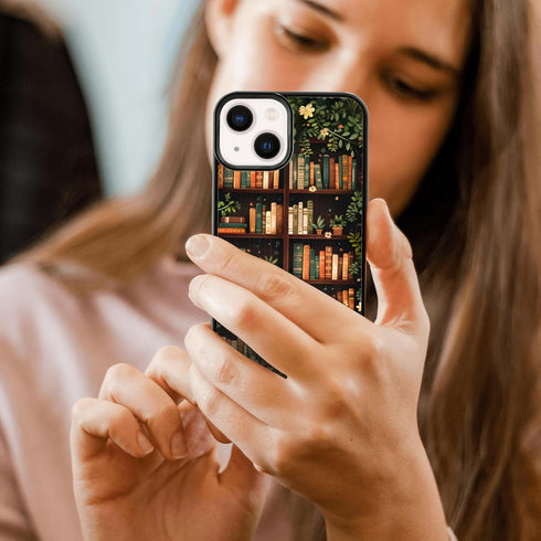 Odhtst 13/14 6.1 Inch, Aesthetic Floral Bookshelf Book Phone Case Compatible with iPhone Case TPU Shockproof Protection