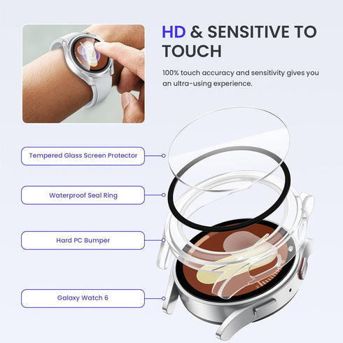 Goton Waterproof Case for Galaxy Watch 7, Tempered Glass Face Cover Compatible for Samsung Watch 7