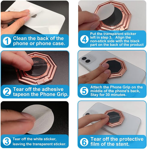 Cellphone Ring Holder Finger Kickstand, Foldable 360° Rotation, Metal Multi-Angle for Phone Back Grip, Rose Gold