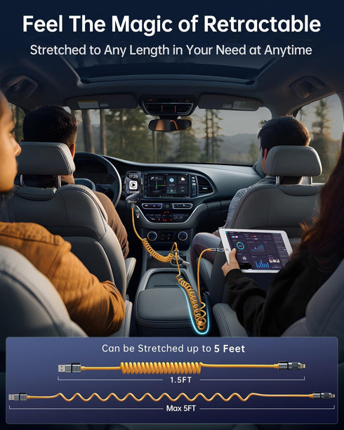 SHEZI-Style 4-in-1 Coiled USB C Cable - 45W Lightning Cable for Car with Magnetic Clips, Fast Charging for iPhone