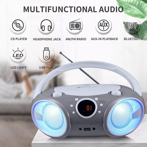SINGING WOOD 030BTL Portable Boombox, Bluetooth, USB, AM/FM Radio, AUX-Input, Foldable Handle, LED Light (Space Grey)