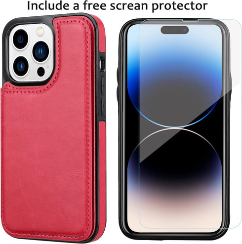 Compatible with iPhone 14 Pro Max 6.7” Wallet Case +1 Screen Protector, Slim Protective Case with Card Holder, PU