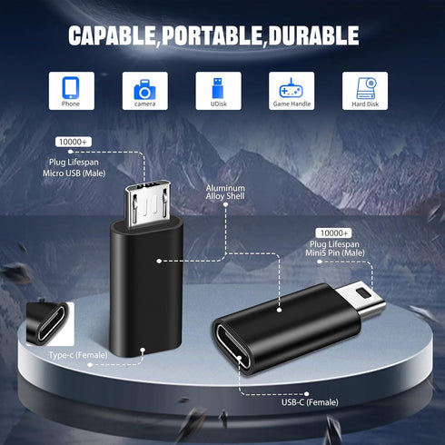 USB C Adapter 4-Pack, 2*C Female to Micro USB Male, 2*USB C to Mini 5-Pin USB Male, Compatible with GoPro, Galaxy