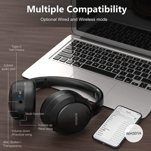 RUNOLIM Wireless Over Ear Headphones with Hybrid Active Noise Cancelling, 70H Playtime, HiFi Audio, Deep Bass, Foldable.