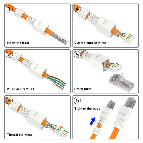 VCELINK Tool-Free RJ45 Connector - CAT6A Field Termination Plug for CAT6A, CAT6 Network Cable (6 Pack)