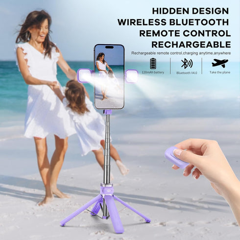MQOUNY Mini iPhone Tripod Stand, 38" Selfie Stick with Wireless Remote & Removable Light, 360° Rotation (Purple)