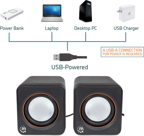 Manhattan USB Powered Stereo Speaker System, Small Size with Volume Control & 3.5 mm Aux Plug, Black Orange