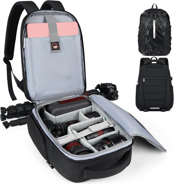 Professional Camera Backpack for DSLR SLR, Waterproof with Rain Cover, Large Capacity Photography Case, Black