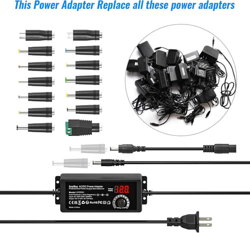 SoulBay Universal AC DC Power Supply Adapter 72W 3V to 24V Output with Adjustable Voltage & Volt Display for Household Electronics, 14pcs Tips & 1pc Reverse Polarity Cable Included, 3000mA Max