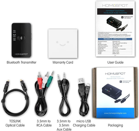 HomeSpot Bluetooth 5.3 Transmitter Adapter - For TV Audio, Optical aptX Low Latency Delay, 3.5mm Aux RCA TOSLINK Input