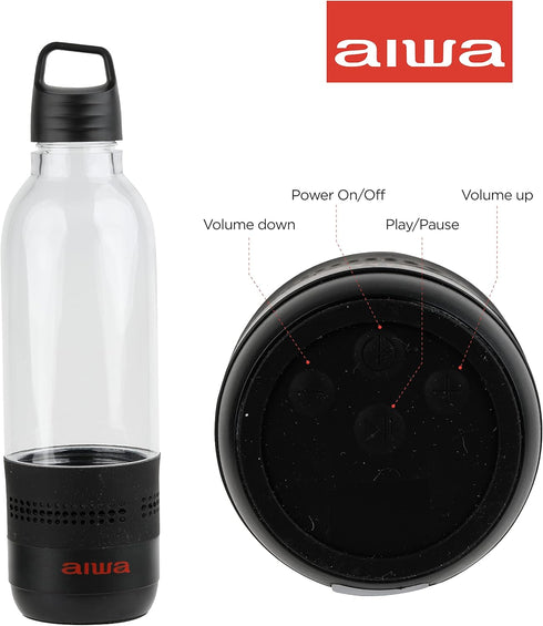 AIWA Water Bottle with Speaker and Earphone Bundle - 400ml Water Bottle with 4 Hour Playtime and Wireless Sports Earphones with Integrated Mic, 10 Hours Playtime for Workout, Camping and Hiking,Black by Aiwa