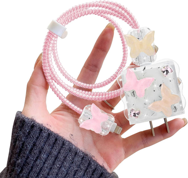 Cute Wave Cable Protector Compatible for iPhone Charger Adapter with Bling Pink Butterfly Laser Design, Data Line USB