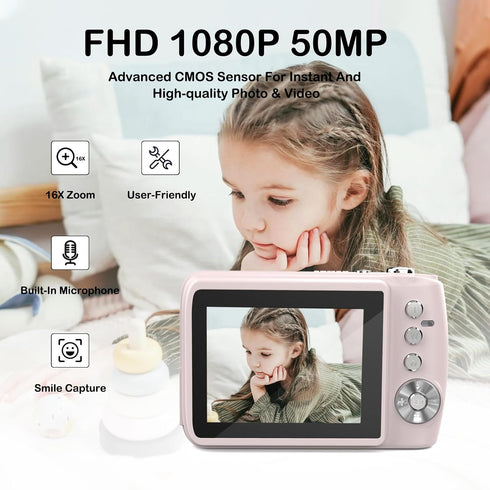 YingCheng 50MP 1080P, 16X 32GB Digital Camera for FHD Digital Point and Shoot Camera with Zoom Anti Shake