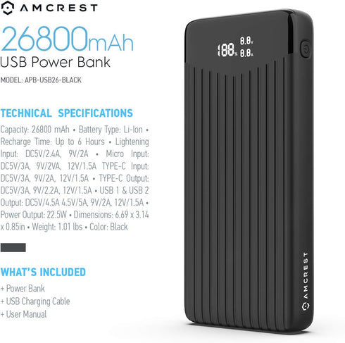 Amcrest 26800mAh USB C Power Bank, Portable Charger with Fast Charging 22W PD 3.0, Type C Battery Bank with LED Display