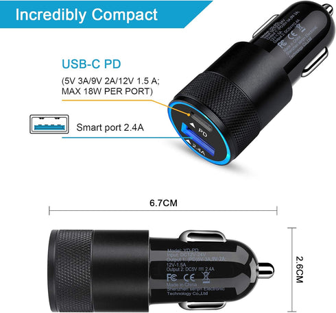 USB C Fast Car Charger for Samsung Galaxy S24 S23 Ultra S22 S21 S20 Plus A15 A52 A55 A54 F23 F52 Note 20, 30W 2 Port