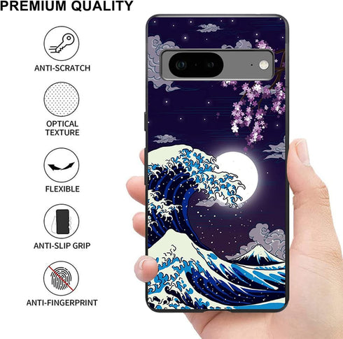 Google Pixel 7 Case - Compatible with Japanese Wave Cherry Blossom Moon Pattern - Soft TPU Shockproof Anti-Scratch 6.3"