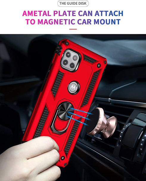 Military Grade Drop Impact Moto One 5G Ace Case, Red Heavy Duty Shockproof Armor with 360 Metal Rotating Ring Kickstand