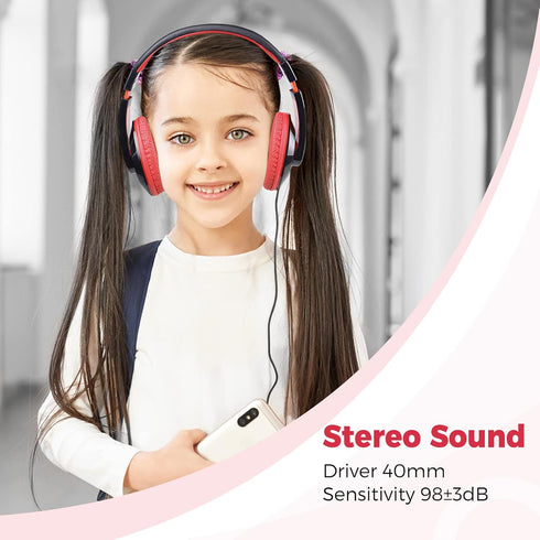 rockpapa Comfort Kids Headphones - Lightweight Over-Ear Wired 3.5mm for School, Travel, Black/Red
