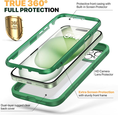 Diaclara Rugged Case for iPhone 15, Built-in Touch Sensitive Anti-Scratch Screen Protector - Green