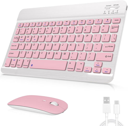 Rechargeable Bluetooth Keyboard and Mouse Combo, Ultra-Slim Wireless Set for Android, Windows, iPad, Pink