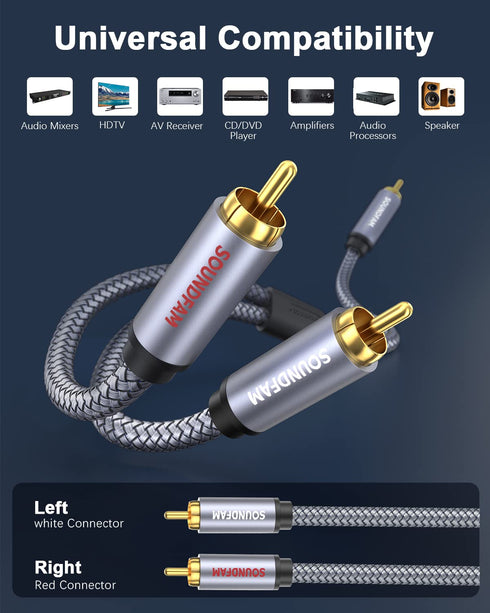 10ft/3M, 1 2 RCA Splitter RCA Y Splitter Male to Male Subwoofer Digital Stereo Audio Cable Bi-Directional Transmission