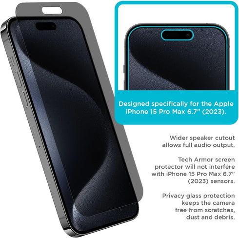 iPhone 15 Pro Max 6.7" Tech Armor Privacy Screen Protector - Ballistic Tempered Glass, Anti-Spy, Case Friendly, Easy