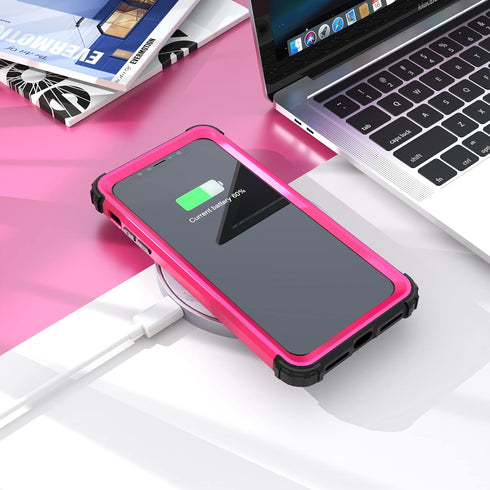 IDweel for iPhone Xs Max Case with Tempered Glass Screen Protector, 3 in 1 Heavy Duty Protection, Rose Red