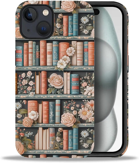 DAIZAG Phone Case Compatible with iPhone 15,Flower Bookshelf Mixed 2 Layer Soft Silicone+Hard