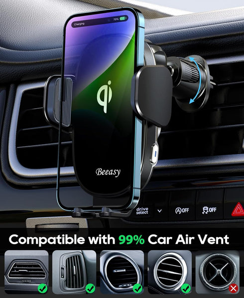 Beeasy Wireless Car Charger, 15W Qi Fast Charging Auto Clamping Cell Phone Holder Mount for iPhone 15 14 13 12 Pro Max