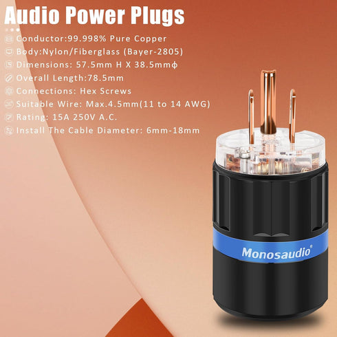Monosaudio HiFi Power Plug, Pure Copper 15A/125V IEC C13/C15 Connector for DIY Audiophile Power Cord