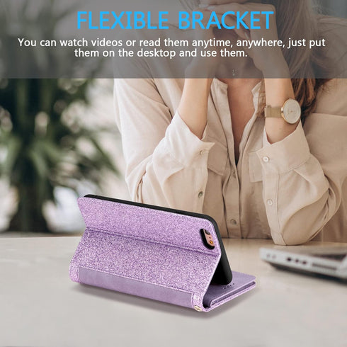 UEEBAI Wallet Case for iPhone 6 Plus & 6S Plus, Retro 9 Card Holder Slots with Zipper Pocket, Shockproof (Glitter