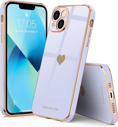 Teageo iPhone 13 Case for Girls Women, Cute Love-Heart Luxury Bling Plating Soft Back Cover - Purple