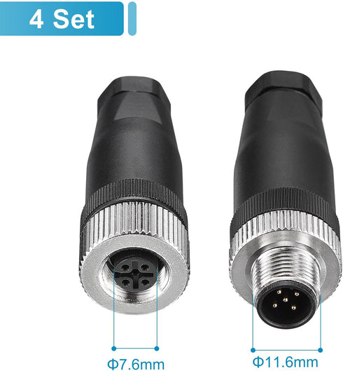 MECCANIXITY 5 Pin M12 Male & Female Aviation Wire Connector, 4 Set Waterproof IP67 Circular Connector for Networks