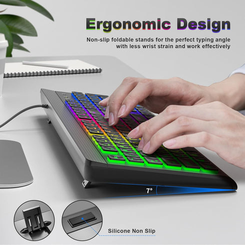 Atelus Large Print Backlit Keyboard, USB Wired Computer Keyboard, Full Size Keyboard with Rainbow Illuminated LED