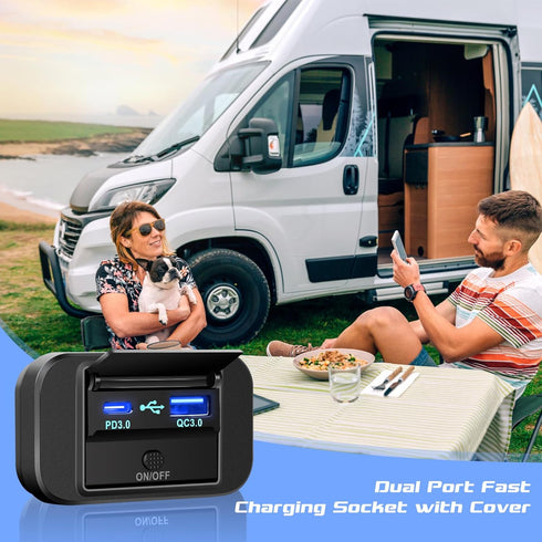 GemCoo 12V RV USB Outlet, 38W PD QC3.0 USB Car Charger Socket with Cover for Car, Bus, RV, ATV, Truck