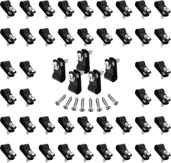 60pcs 1/4 Inch Nylon Cable Clamps, R-Type Wire Cable Clips with M4 Screws for Wire Management (Black)