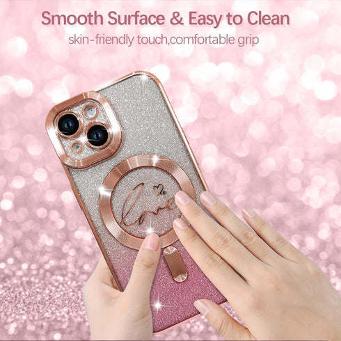 ZIYE Glitter Magnetic Case for iPhone 15 - Luxury Plating Love Heart, Compatible with MagSafe, Pink