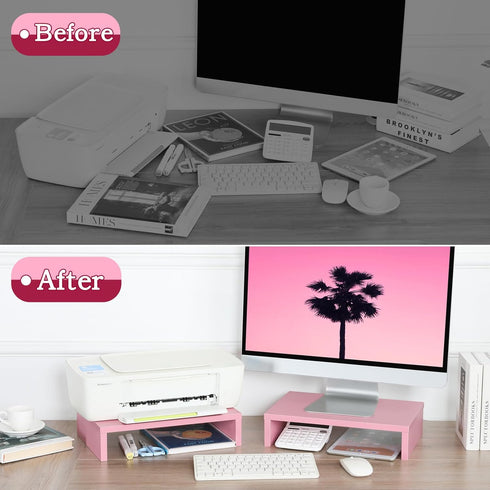 TEAMIX Pink Monitor Stand Riser - 2 Pack Wood 2 Tier Adjustable Stand for Dual Monitors, Laptop, PC