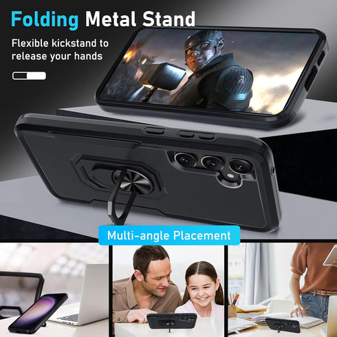 Janmitta for Samsung Galaxy S23 FE Case with 2 Pcs Screen Protector,Heavy Duty Shockproof Full Body Phone Cover Built in Rotatable Metal Ring Holder Kickstand,2023 Black Matte