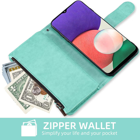 Asuwish Wallet Case for Samsung Galaxy A22 5G/Celero 5G - Flip Card Holder, Tempered Glass Protector, Green.