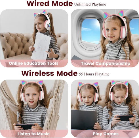 Kids Bluetooth Headphones, Bluetooth Headphones for Kids and Adults, Cat Headphones for Girls and Boys